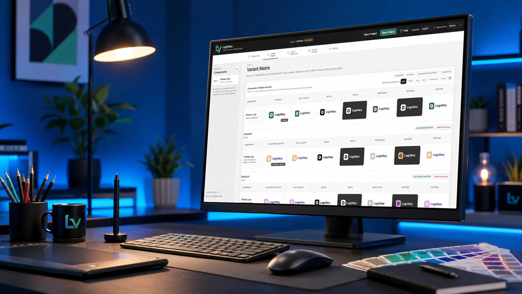 LogoVary Variant Matrix displayed in a professional graphic design workspace