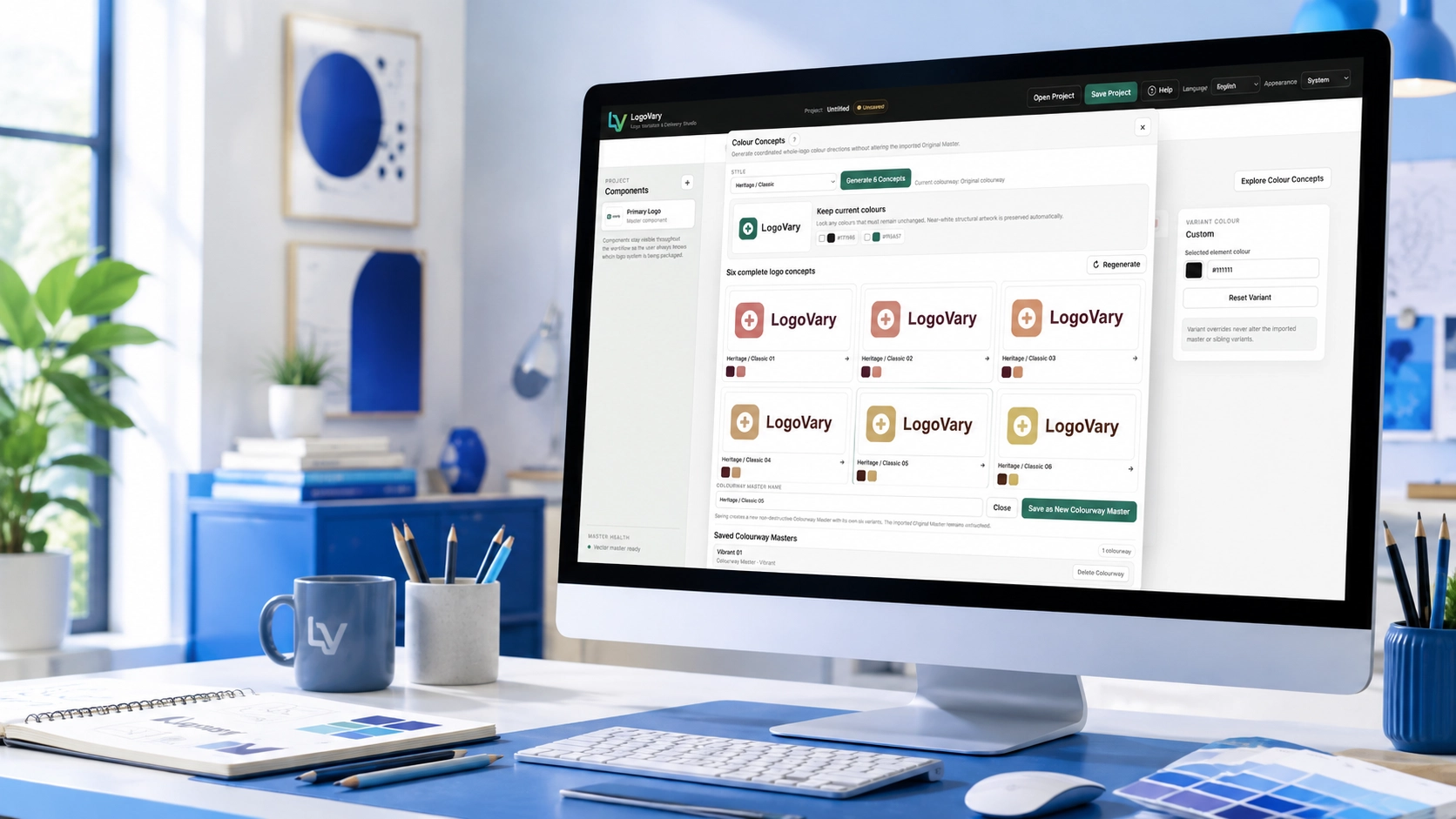 LogoVary Colour Concepts displayed in a professional graphic design studio